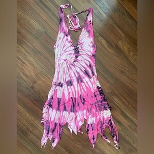 Handmade Hand Dyed Festival Asymmetrical Ruched Halter Fairy Dress in Tie-Dye OS